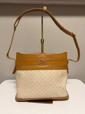 Gucci Beige Canvas and Tan Leather Shoulder Bag